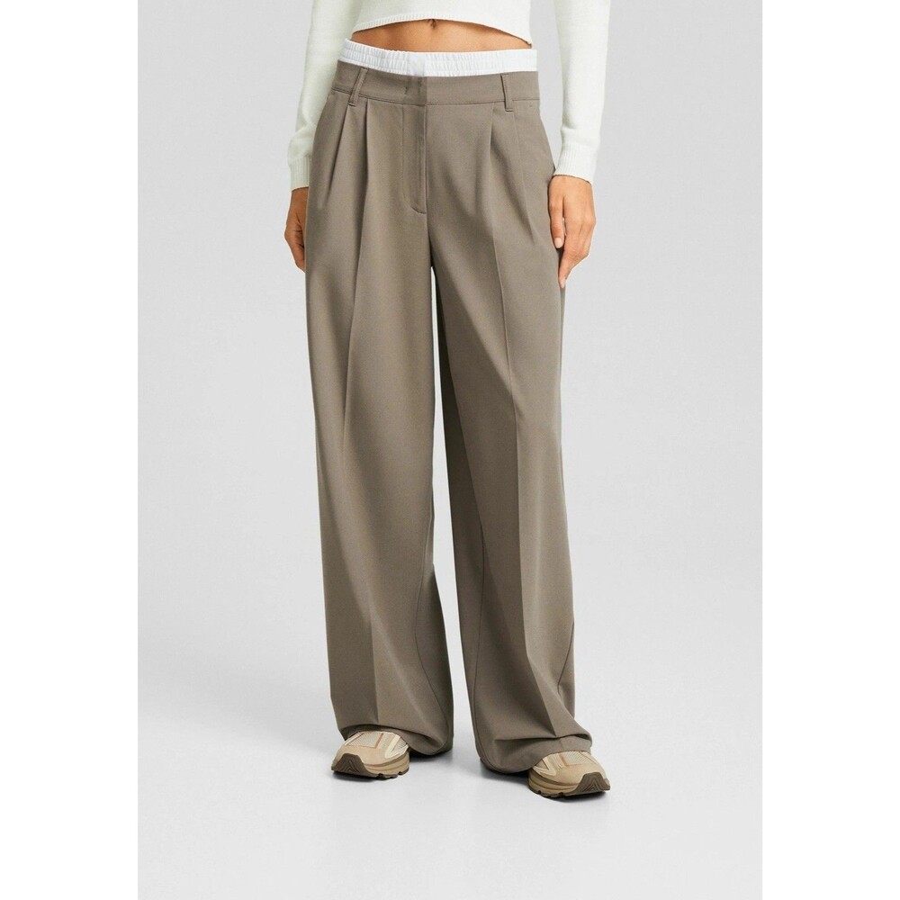 Bershka Wide Leg Tailored Trousers Taupe Brown Layered Waistband SZ 00